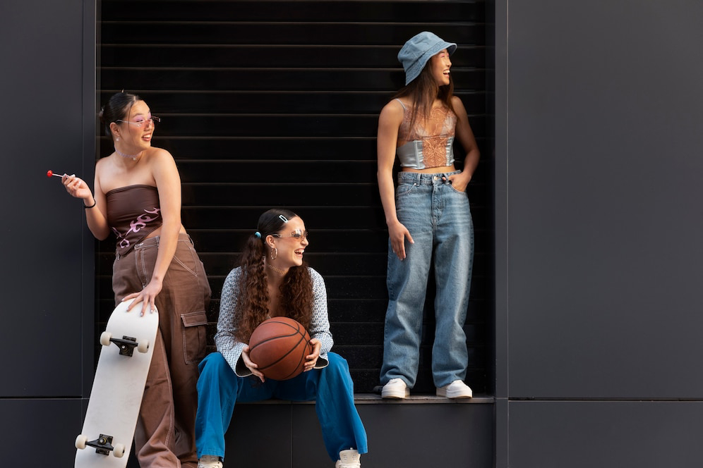 Three young women pose stylishly against a dark wall; one holds a skateboard, while another has a basketball.