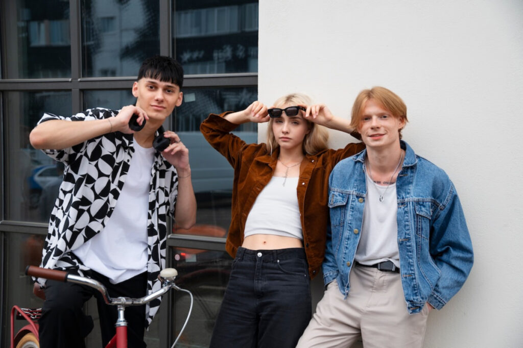 Three stylish individuals pose casually outdoors, dressed in trendy outfits, with a bicycle.