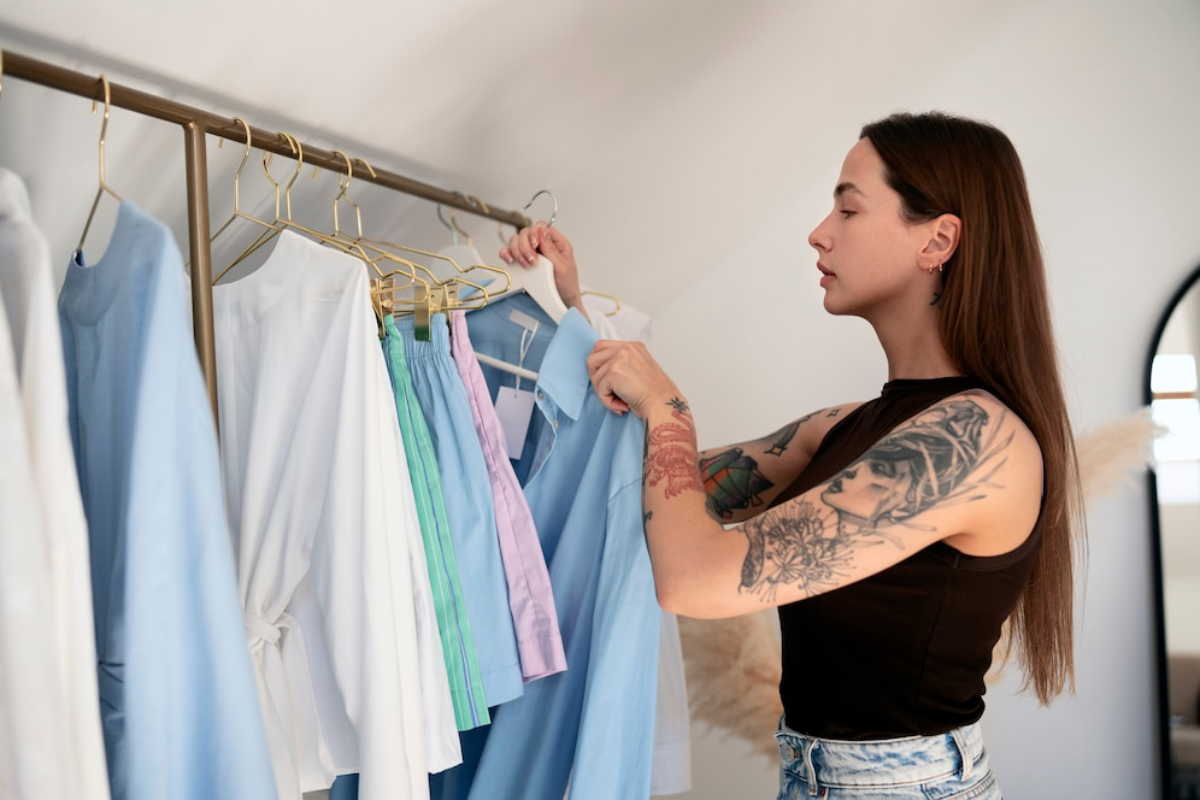 A person with arm tattoos is browsing colorful clothing on a gold hanger rack in a bright, stylish room.