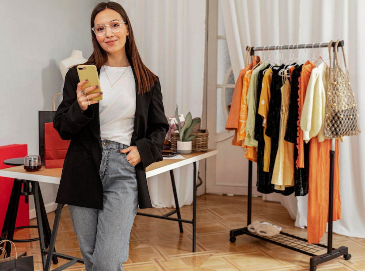A woman in a black blazer and jeans holds a smartphone, standing near a rack of colorful clothing in a bright, stylish room.