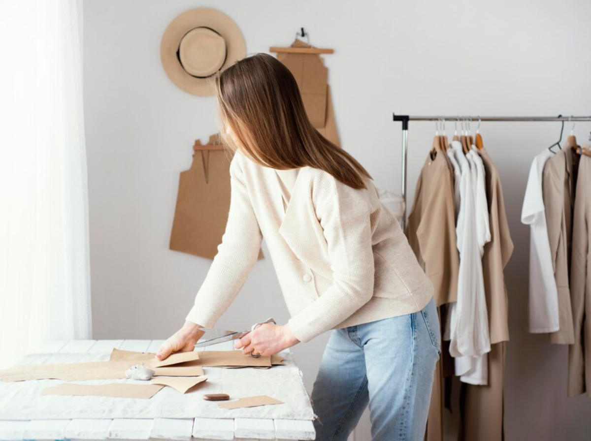 A woman in a beige sweater cuts fabric patterns on a table in a bright, minimalist fashion design studio with clothing racks in the background.