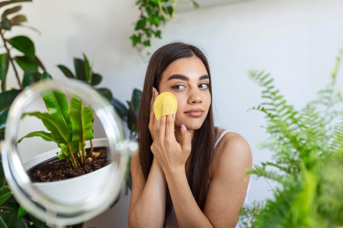 A person holds a yellow facial mask in front of their face, surrounded by lush green plants in a bright, airy space.